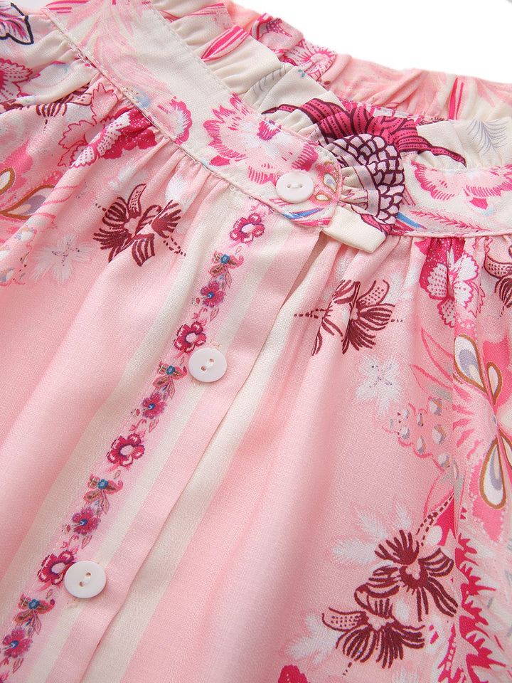 2PCS Pink 1970s Bohemian Floral Blouse &amp; High-Waisted Shorts - vintage fashion, retro style