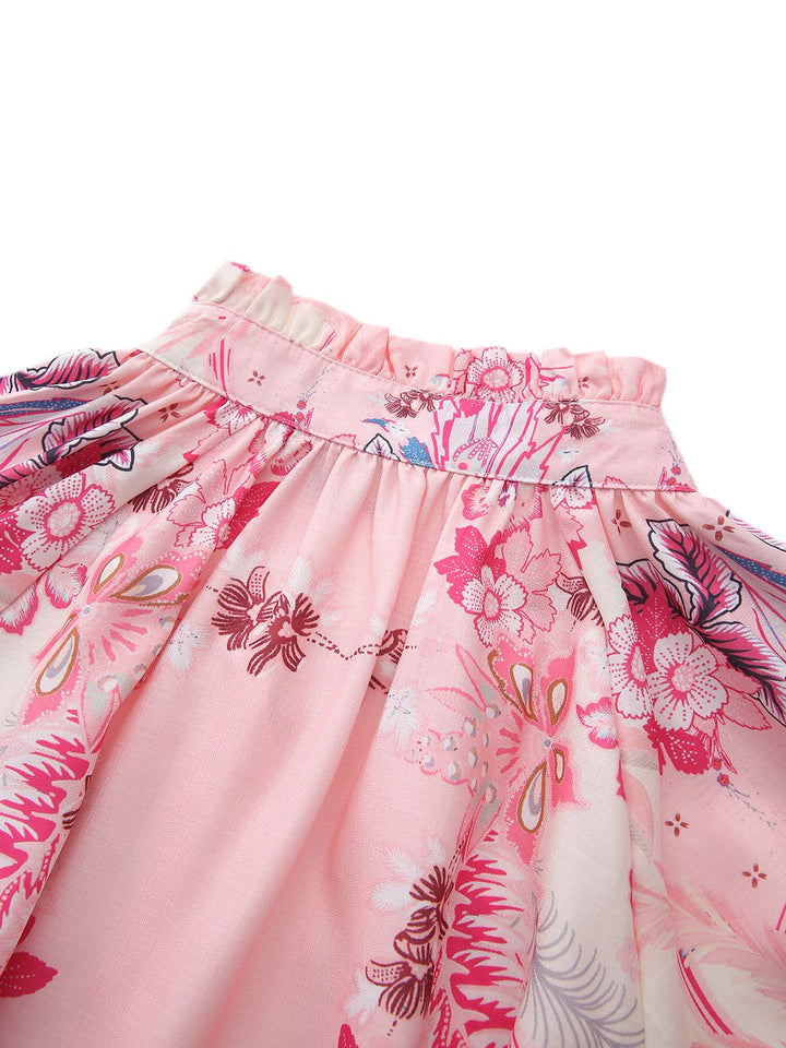 2PCS Pink 1970s Bohemian Floral Blouse &amp; High-Waisted Shorts - vintage fashion, retro style