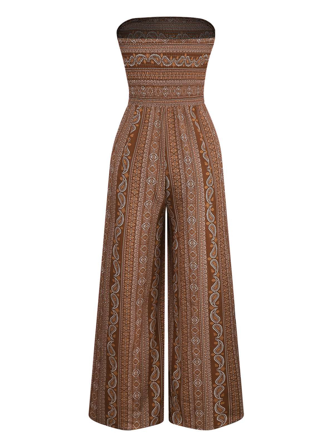 1970s Bohemian Strapless Slit Smocked Jumpsuit - vintage jumpsuit, retro fashion