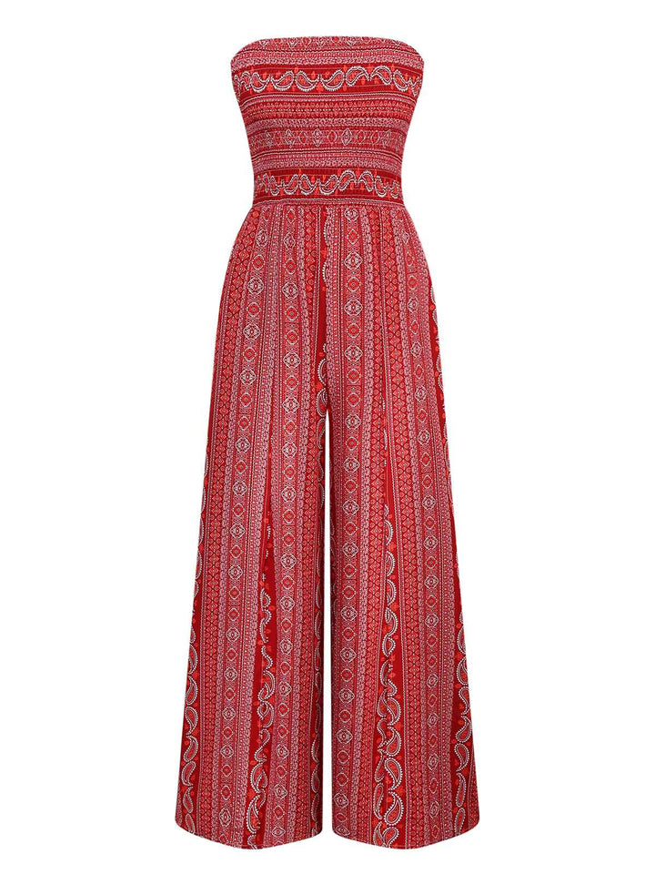 1970s Bohemian Strapless Slit Smocked Jumpsuit - vintage jumpsuit, retro fashion