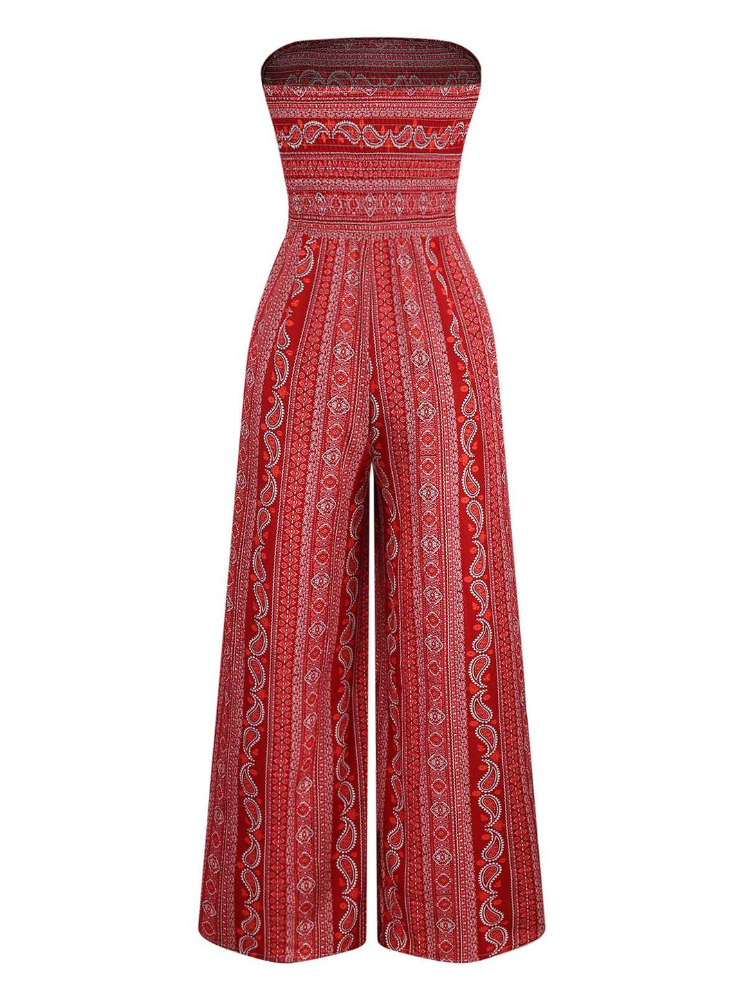 1970s Bohemian Strapless Slit Smocked Jumpsuit - vintage jumpsuit, retro fashion