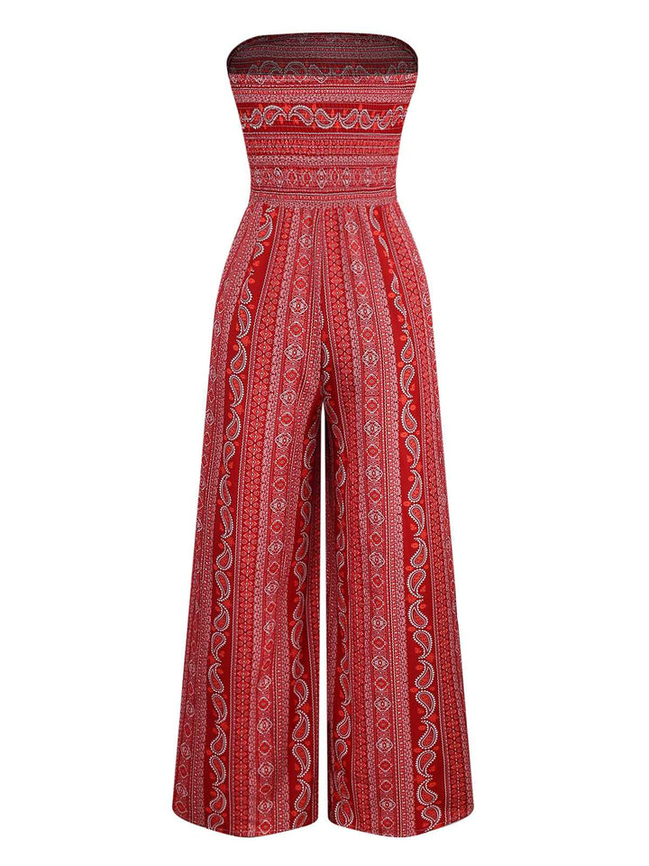 1970s Bohemian Strapless Slit Smocked Jumpsuit - vintage jumpsuit, retro fashion