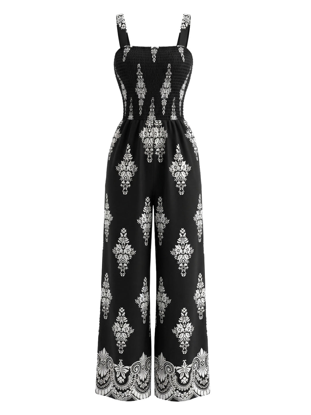1970s Boho Floral Print Smocked Wide Leg Jumpsuit, vintage romper, retro jumpsuit - perfect for women who love vintage and retro fashion
