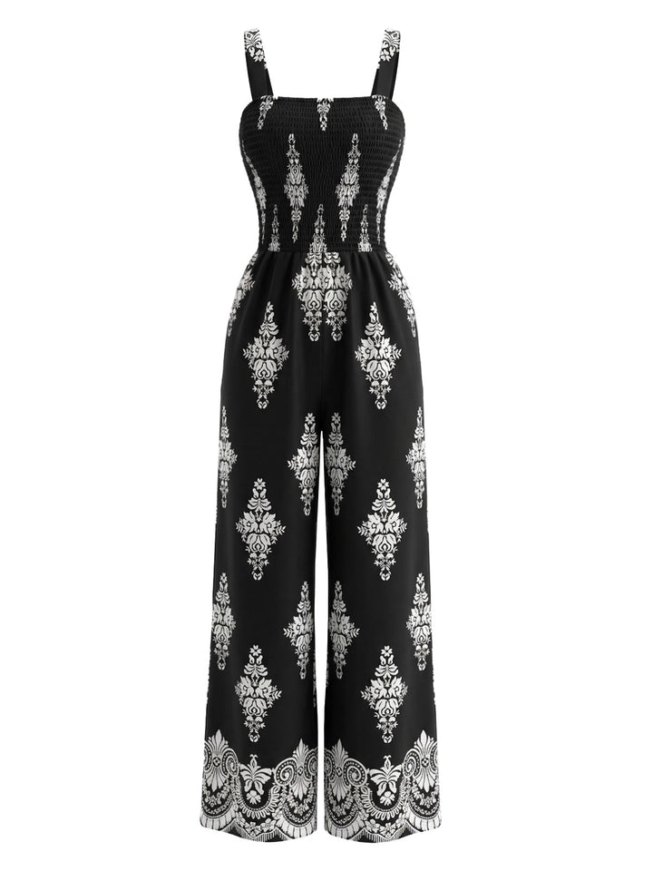 1970s Boho Floral Print Smocked Wide Leg Jumpsuit, vintage romper, retro jumpsuit - perfect for women who love vintage and retro fashion