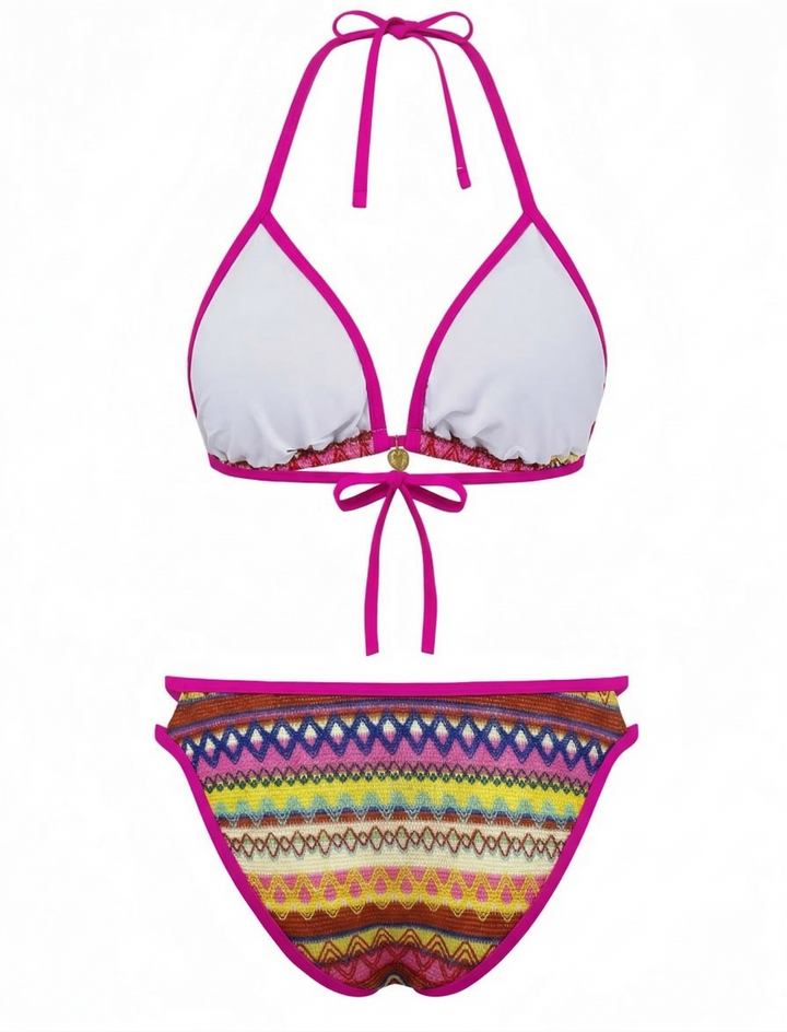 1970s Boho Geometric Knit Halter Bikini Set - vintage fashion, retro style