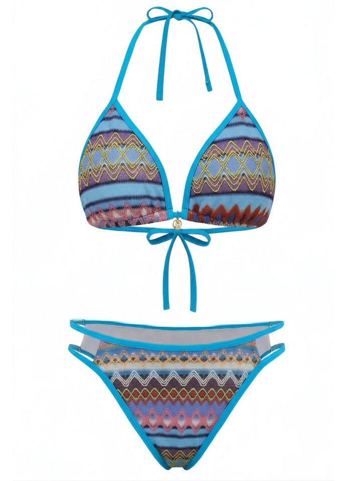 1970s Boho Geometric Knit Halter Bikini Set | vintage swimwear, retro swimsuit, pin-up style - perfect for retro fashion enthusiasts