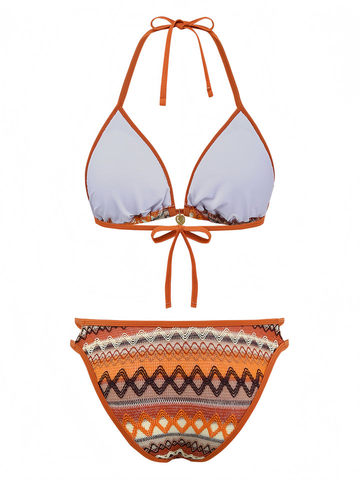 1970s Boho Geometric Knit Halter Bikini Set | vintage swimwear, retro swimsuit, pin-up style - perfect for retro fashion enthusiasts