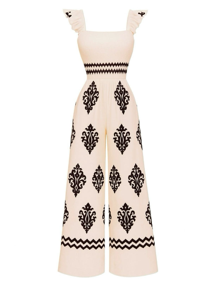 1970s Boho Geometric Print Square Neck Jumpsuit - vintage jumpsuit, retro fashion