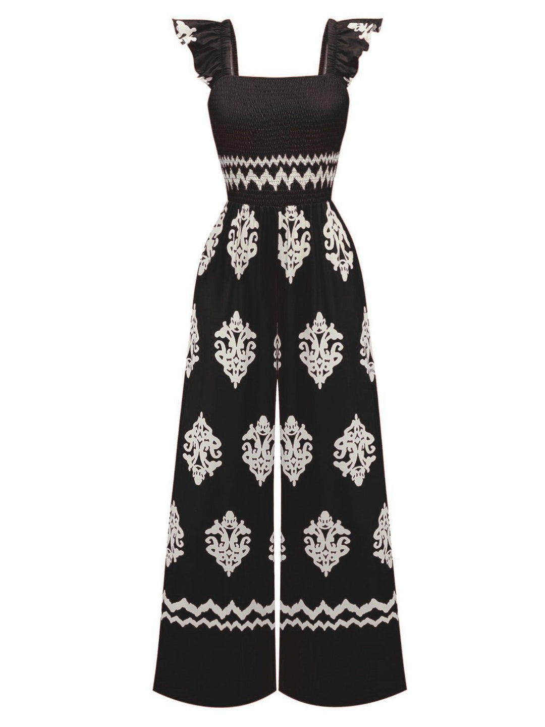 1970s Boho Geometric Print Square Neck Jumpsuit - vintage jumpsuit, retro fashion