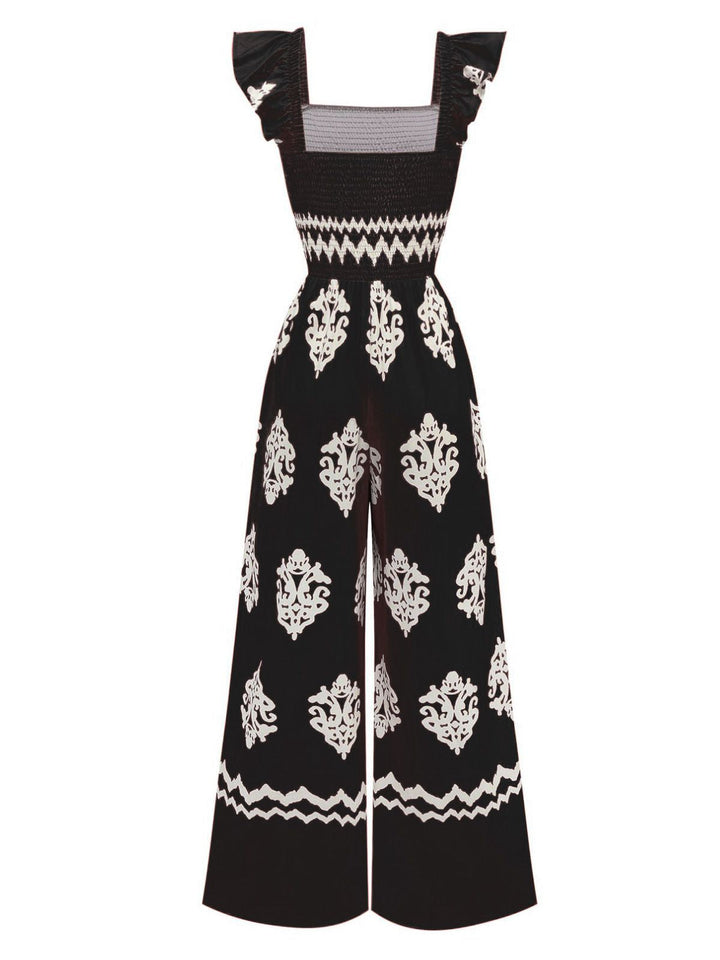1970s Boho Geometric Print Square Neck Jumpsuit - vintage jumpsuit, retro fashion