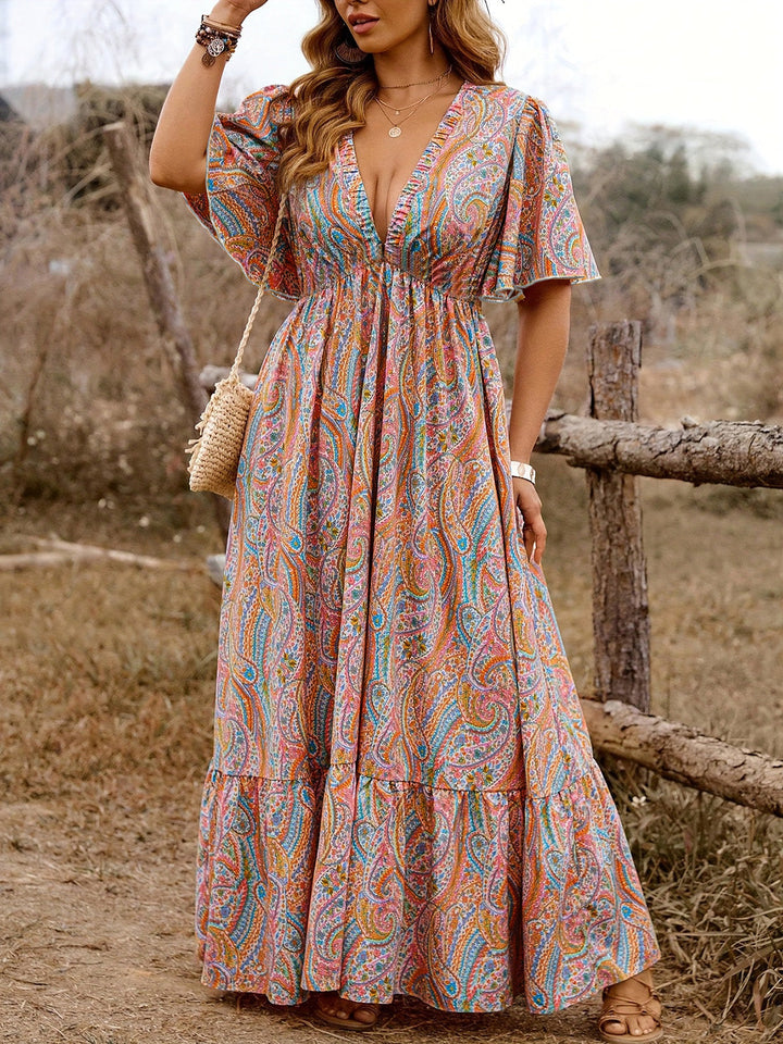 1970s Boho Paisley V-Neck Flutter Sleeve Maxi Dress - vintage dress, retro fashion, elegant style for vintage lovers