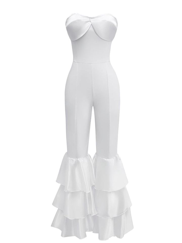1970s Boho Strapless Solid Pleated Ruffle Jumpsuit - vintage jumpsuit, retro fashion