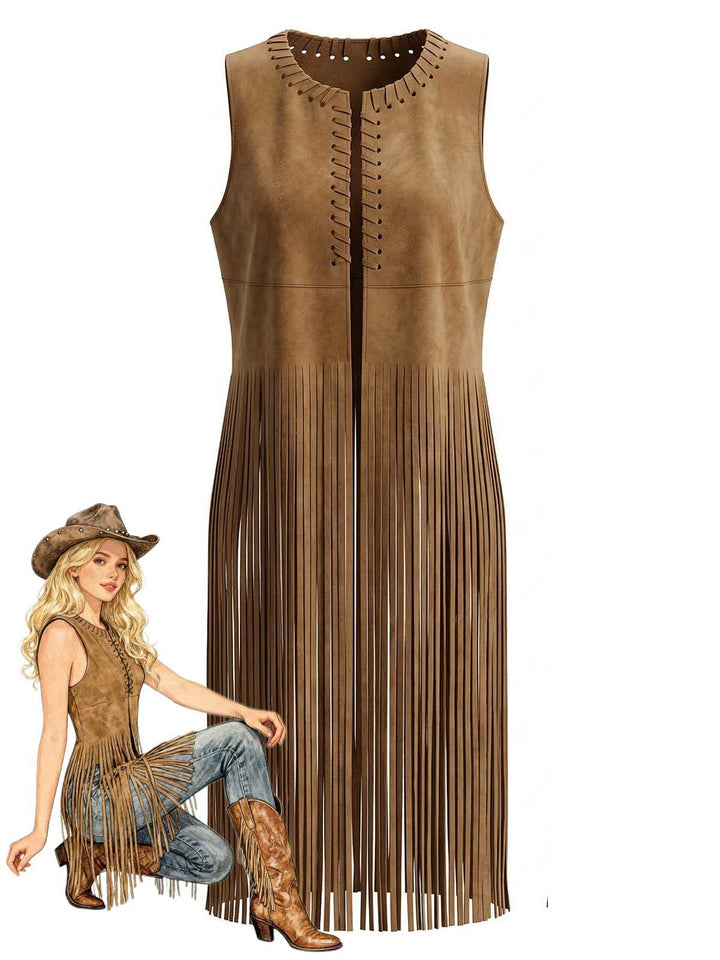 1970s Boho Western Cowgirl Faux Suede Fringe Long Vest - vintage outerwear, retro jacket, classic elegance for vintage lovers
