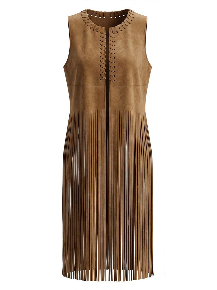 1970s Boho Western Cowgirl Faux Suede Fringe Long Vest, vintage fashion, retro style - vintage inspired fashion