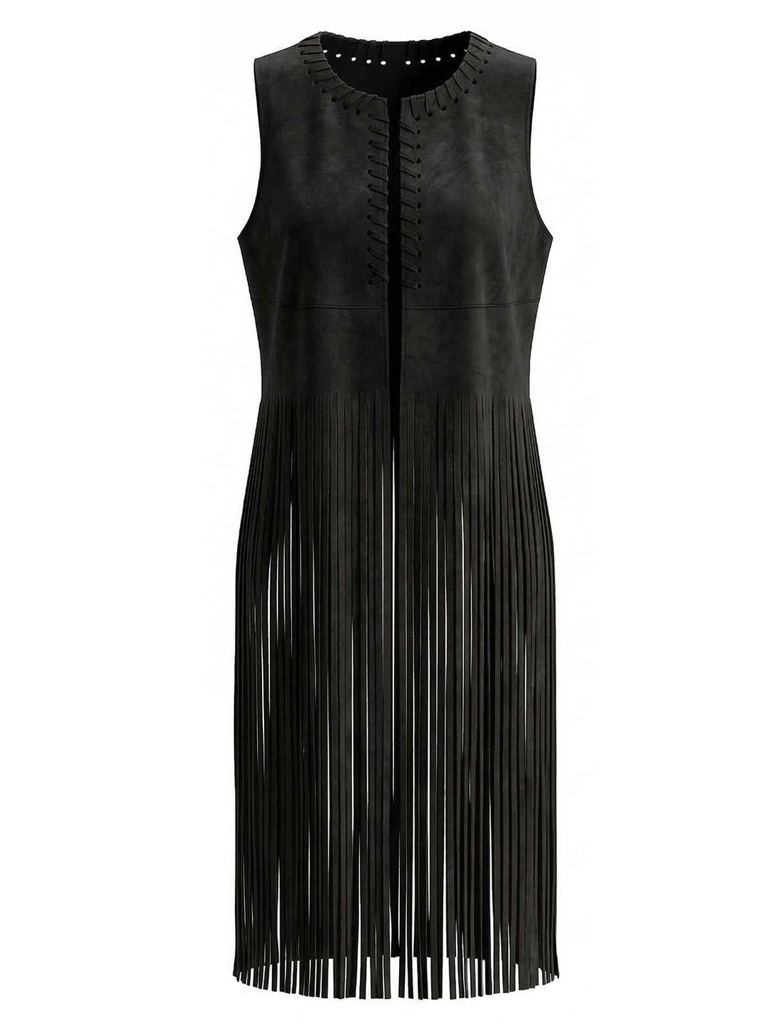 1970s Boho Western Cowgirl Faux Suede Fringe Long Vest: beautiful vintage outerwear, retro jacket, classic elegance with timeless appeal