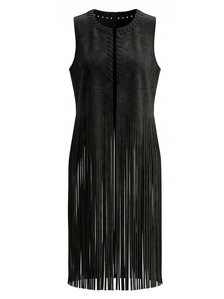 1970s Boho Western Cowgirl Faux Suede Fringe Long Vest: beautiful vintage outerwear, retro jacket, classic elegance with timeless appeal