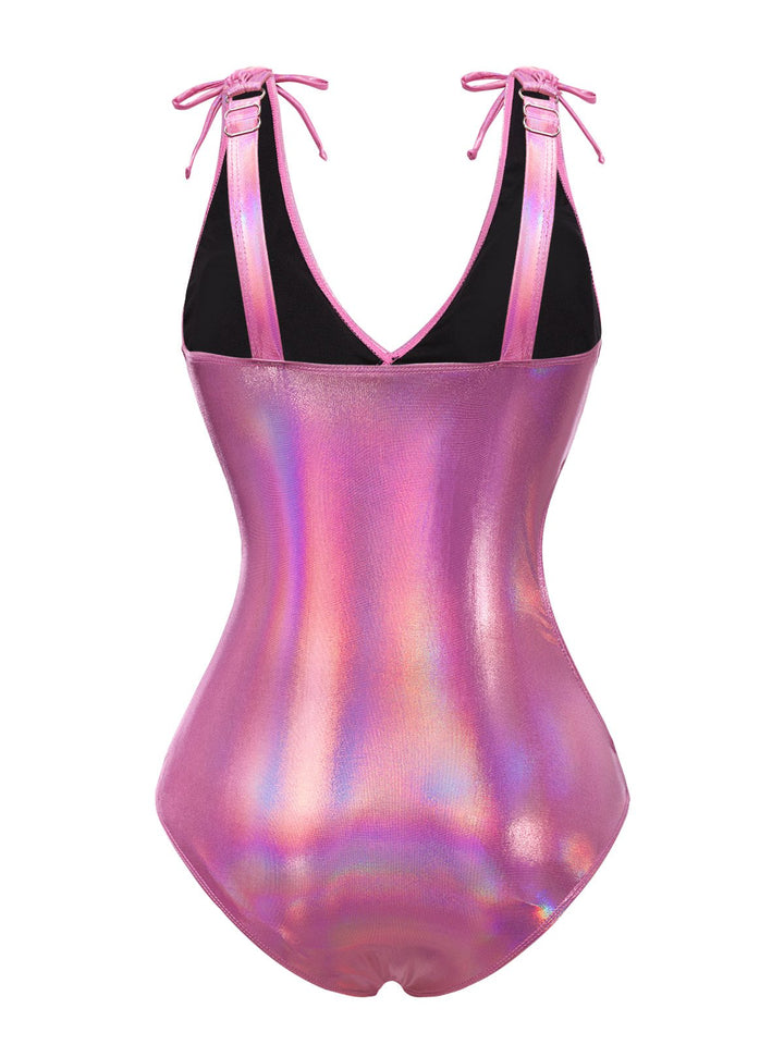 Pink 1970s Bow Deep V Gloss Hollow Swimsuit — because 1970s glamour never goes out of style