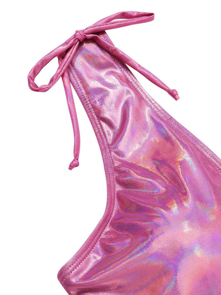 Pink 1970s Bow Deep V Gloss Hollow Swimsuit — 1970s poolside glamour meets sun-drenched confidence