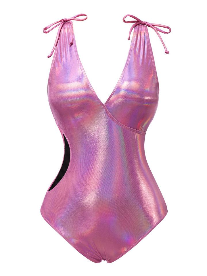 Pink 1970s Bow Deep V Gloss Hollow Swimsuit: 1970s Riviera elegance, reimagined for her