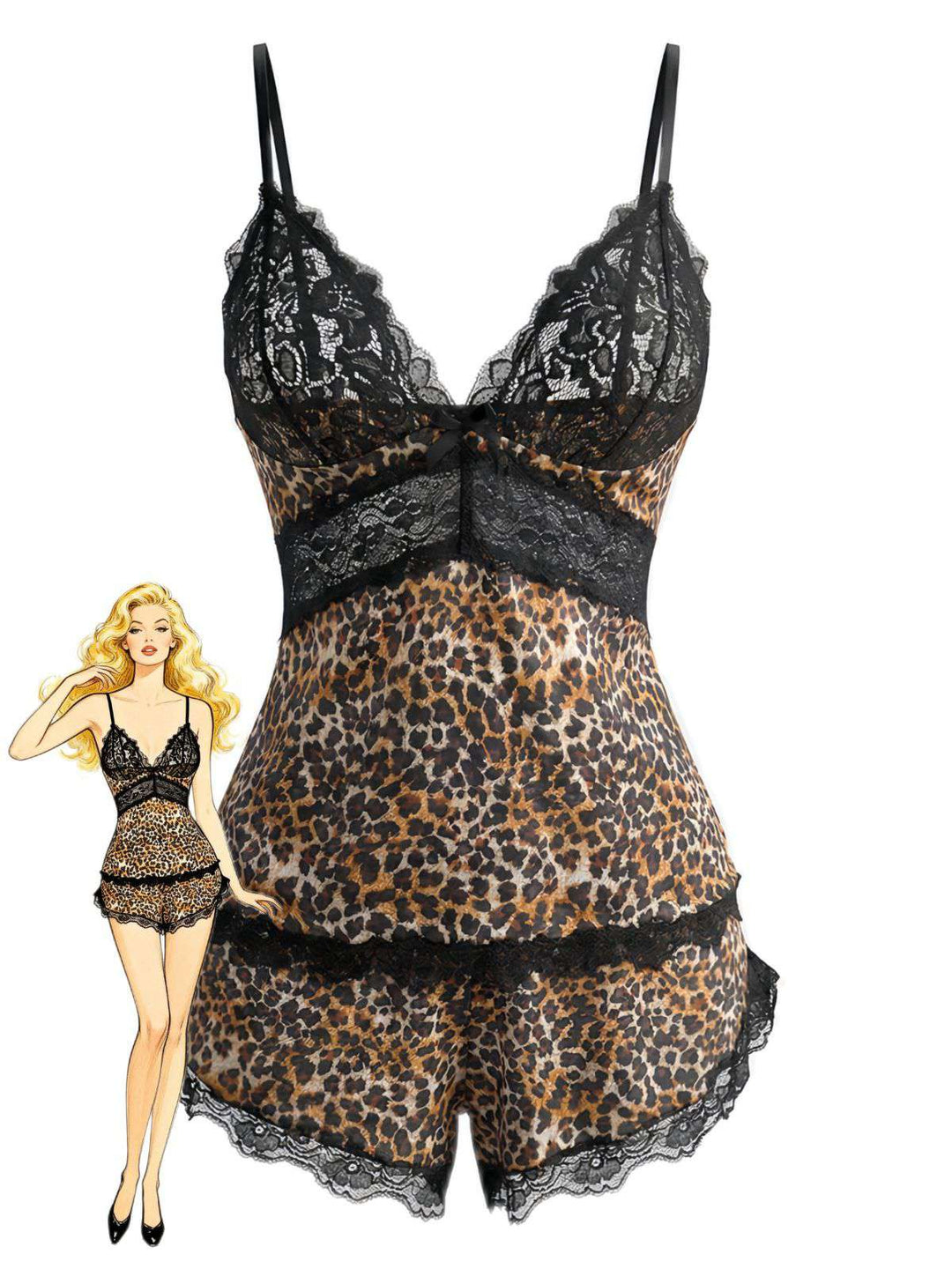 Brown Leopard Lace Spaghetti Strap Pajama Set - vintage fashion, retro style