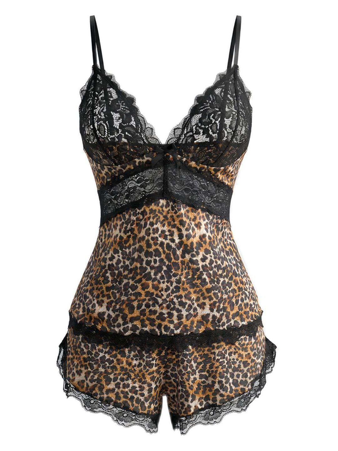 Brown Leopard Lace Spaghetti Strap Pajama Set - vintage fashion, retro style