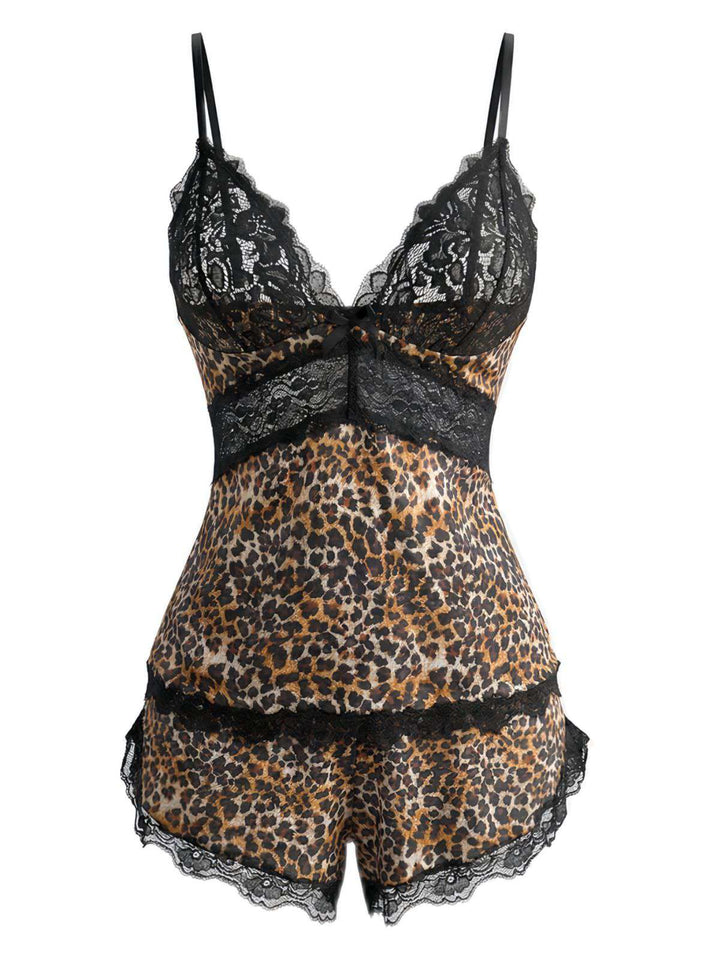 Brown Leopard Lace Spaghetti Strap Pajama Set - vintage fashion, retro style