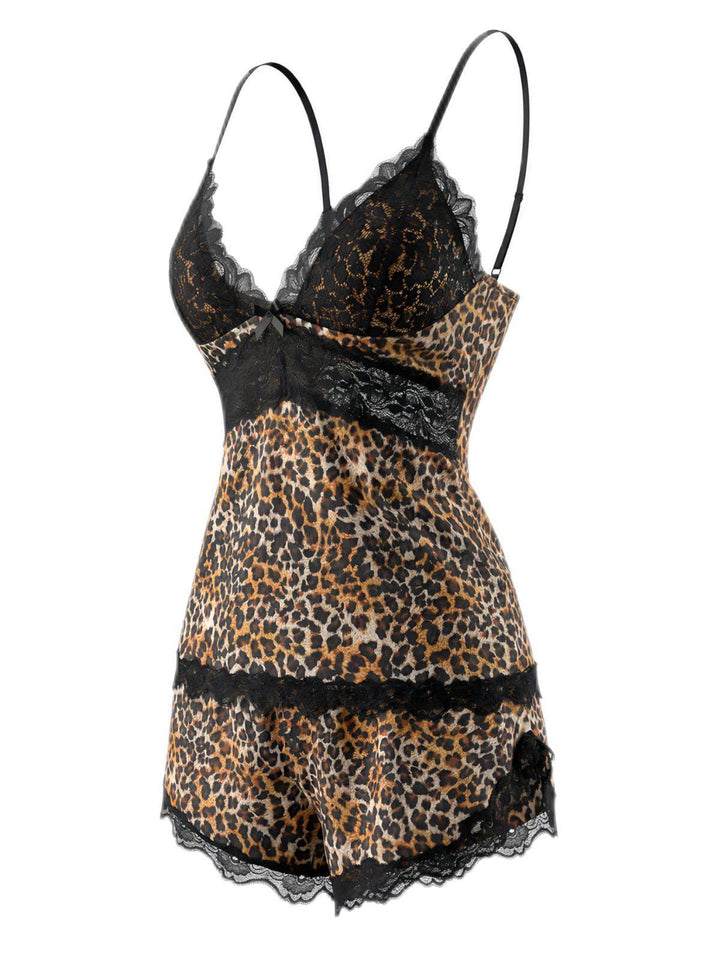 Brown Leopard Lace Spaghetti Strap Pajama Set - vintage fashion, retro style