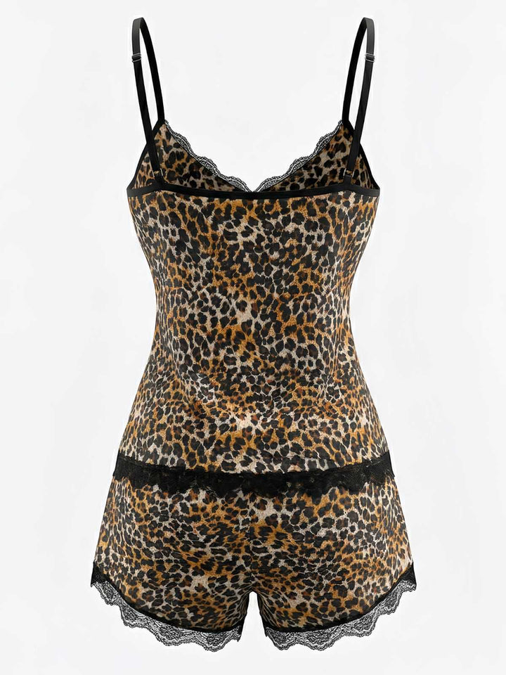 Brown Leopard Lace Spaghetti Strap Pajama Set - vintage fashion, retro style