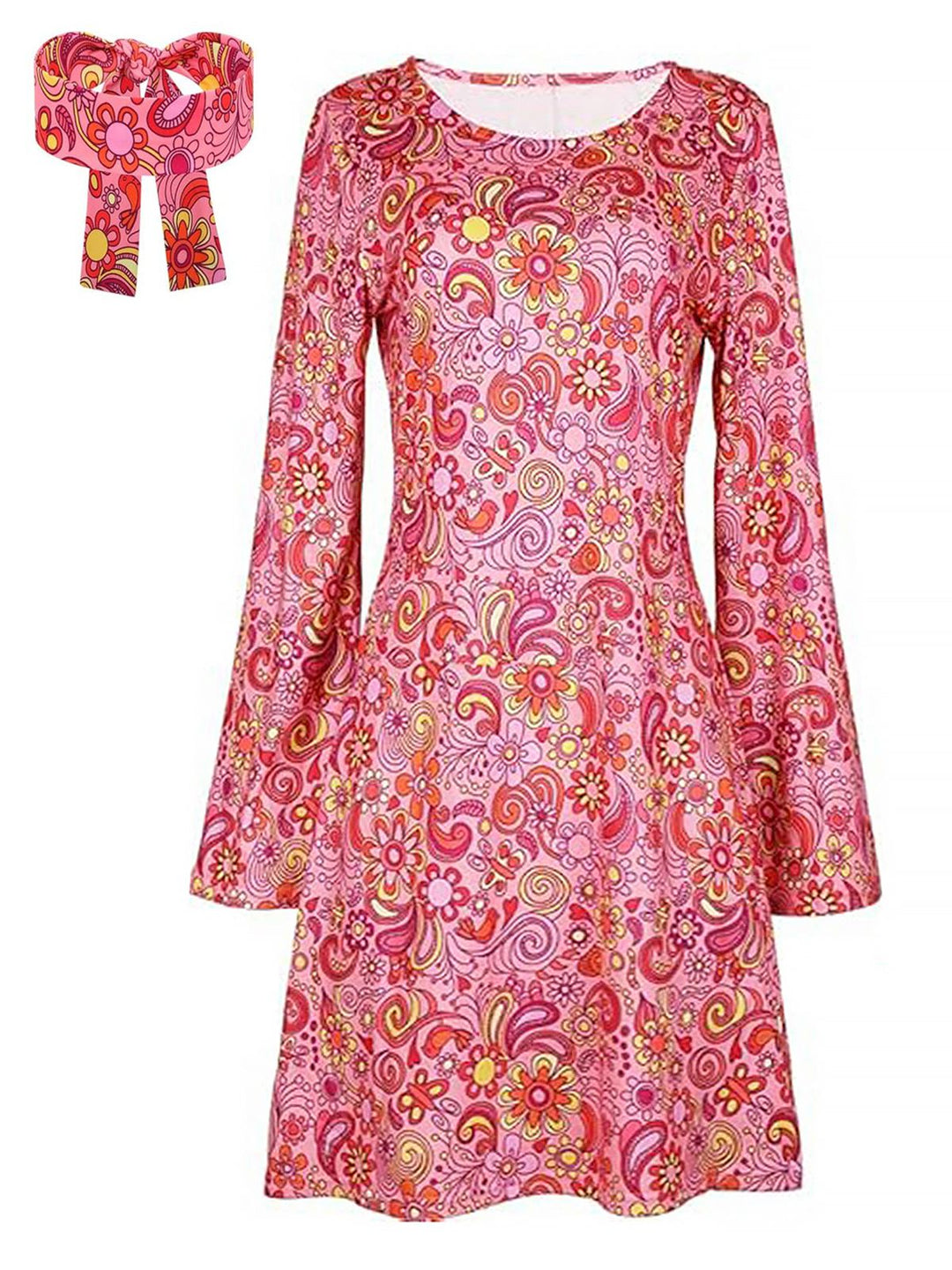 She slips into this 1970s Cashew Flower Hippie Disco Dress With Headscarf and suddenly it&