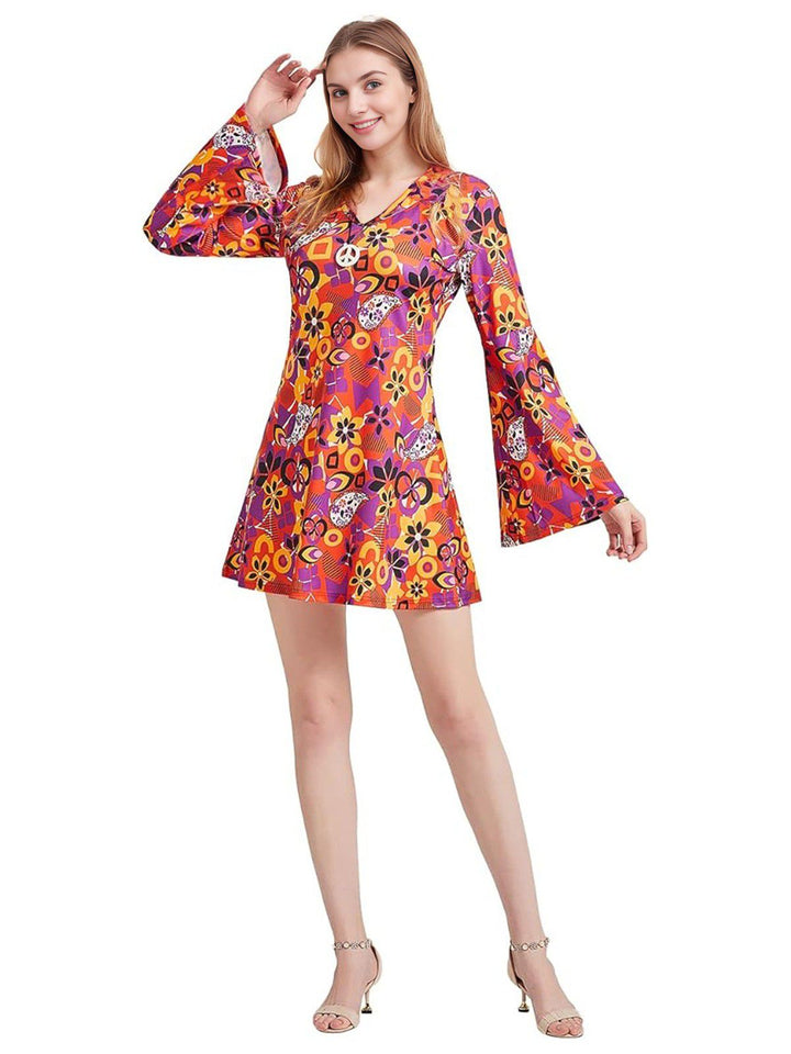 This 1970s Cashew Flower Hippie Disco Dress With Headscarf wraps her in 1970s elegance, one twirl at a time