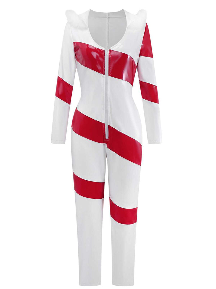 1970s Christmas Candy Cane Hooded Jumpsuit - vintage jumpsuit, retro fashion