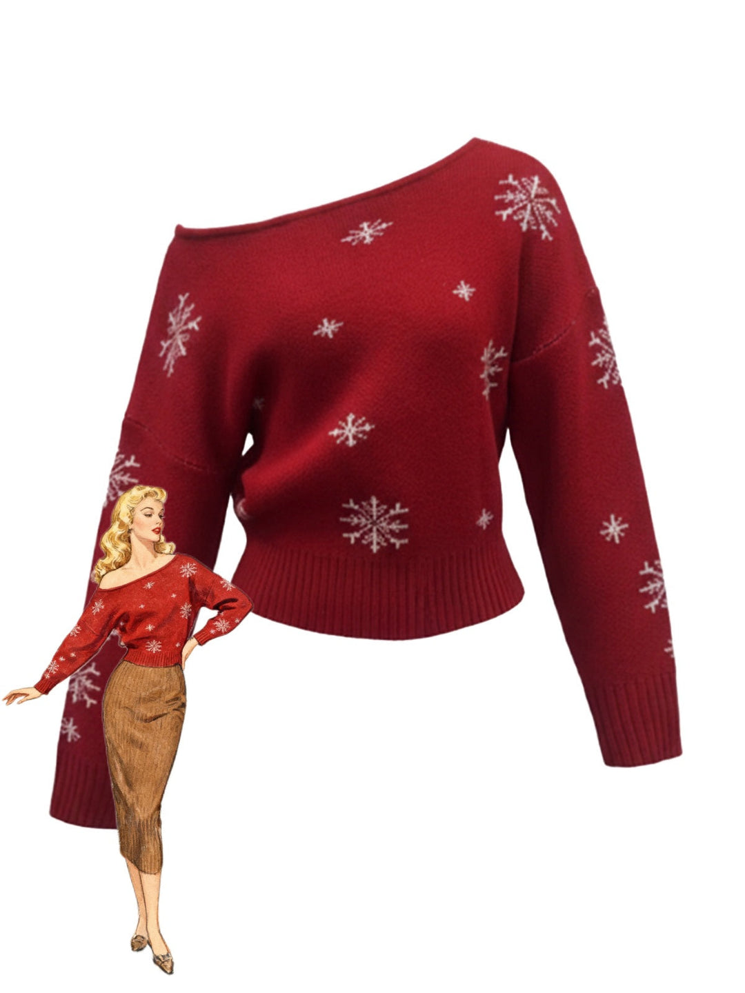 1970s Christmas Snowflake Asymmetrical Shoulder Pullover Sweater - vintage fashion, style