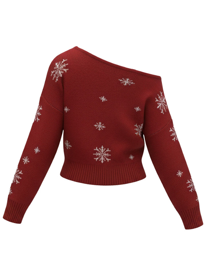 1970s Christmas Snowflake Asymmetrical Shoulder Pullover Sweater - vintage fashion, style