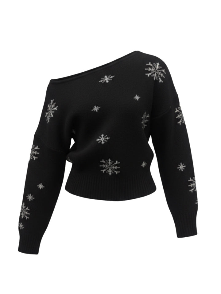 1970s Christmas Snowflake Asymmetrical Shoulder Pullover Sweater - vintage fashion, style