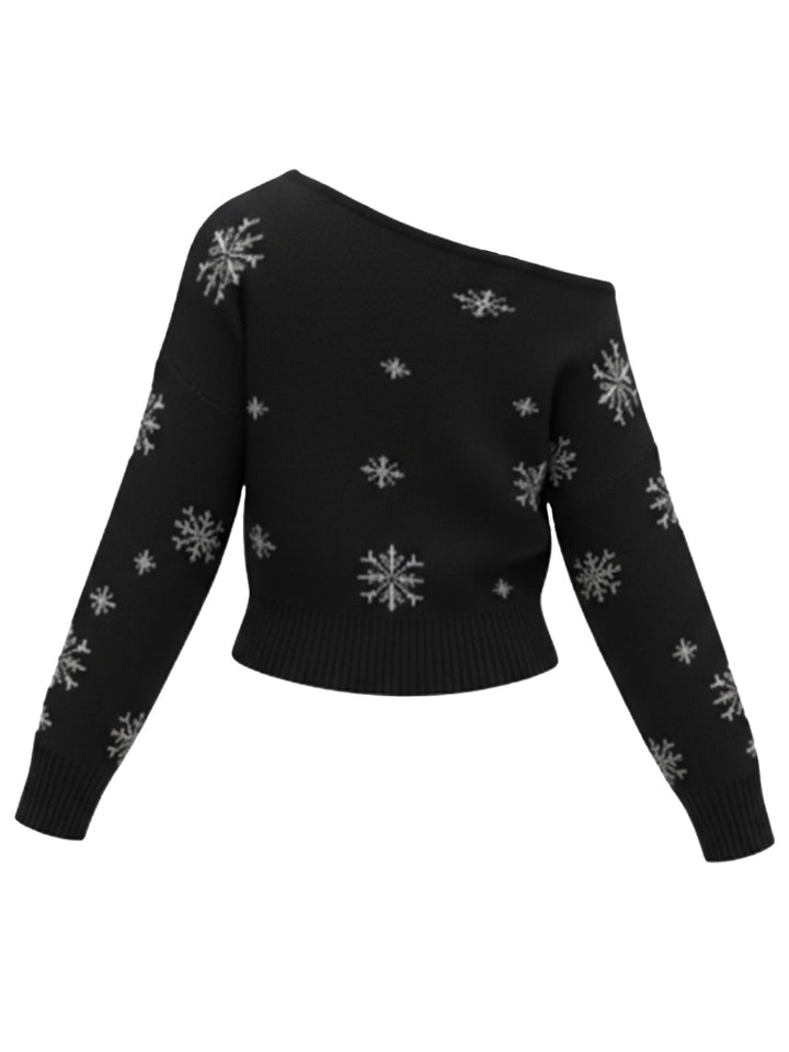 1970s Christmas Snowflake Asymmetrical Shoulder Pullover Sweater - vintage fashion, style