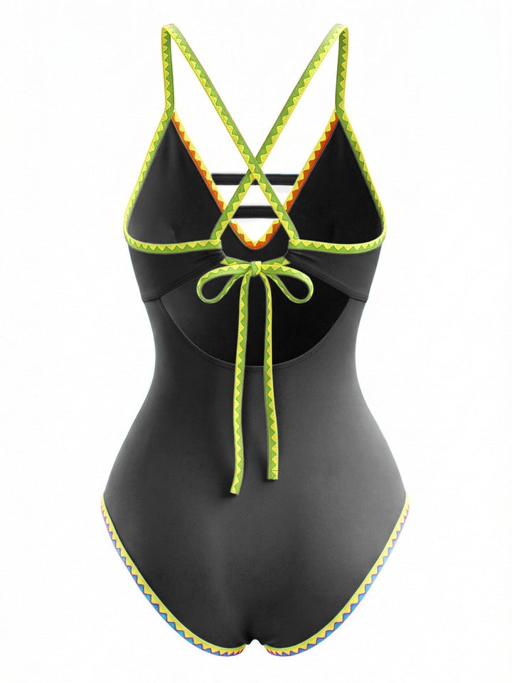 1970s Color Block Strap Cut-Out Swimsuit - vintage swimsuit, pin-up style