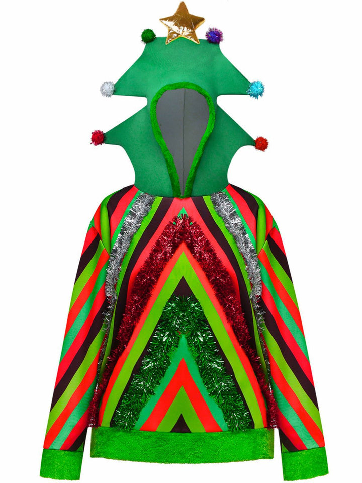 1970s Colorful Christmas Tree 3D Embellished Hoodie Sweater - vintage fashion, retro style