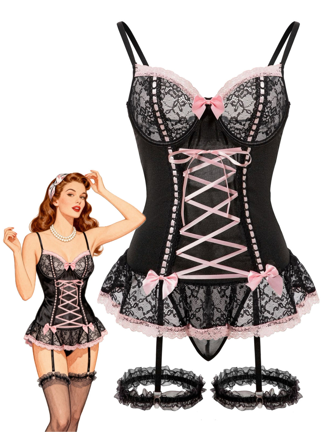 Contrasted Lace Mesh Bow Lace-Up Lingerie Set - vintage fashion, retro style