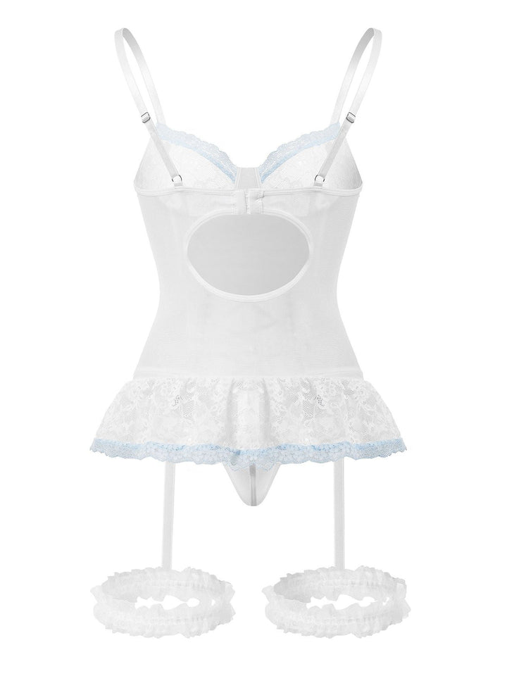 Contrasted Lace Mesh Bow Lace-Up Lingerie Set - vintage fashion, retro style