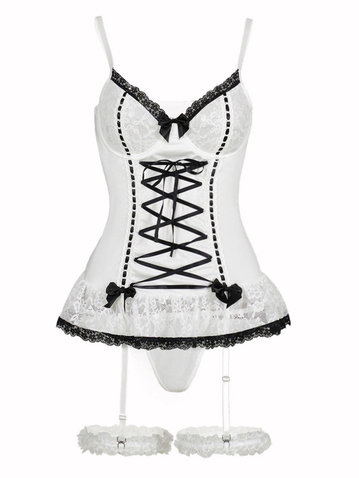 Contrasted Lace Mesh Bow Lace-Up Lingerie Set - vintage fashion, retro style