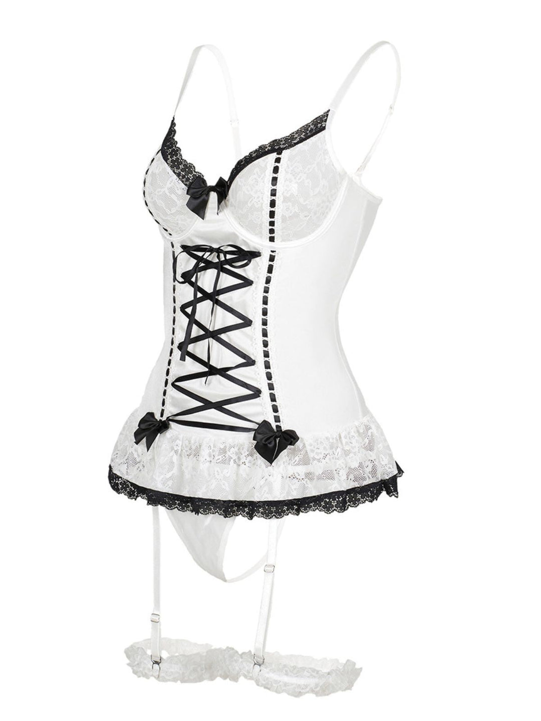 Contrasted Lace Mesh Bow Lace-Up Lingerie Set - vintage fashion, retro style