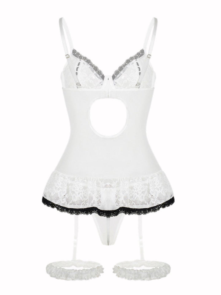 Contrasted Lace Mesh Bow Lace-Up Lingerie Set - vintage fashion, retro style