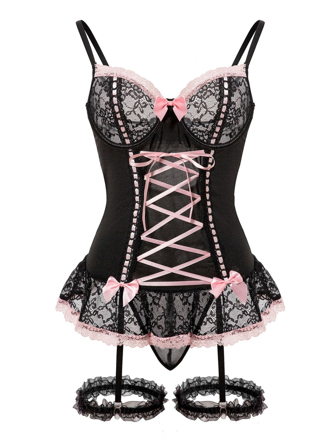 Contrasted Lace Mesh Bow Lace-Up Lingerie Set - vintage fashion, retro style