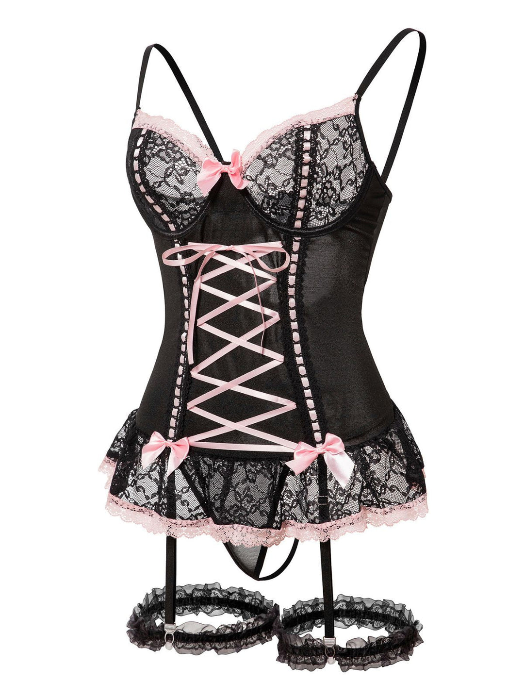 Contrasted Lace Mesh Bow Lace-Up Lingerie Set - vintage fashion, retro style