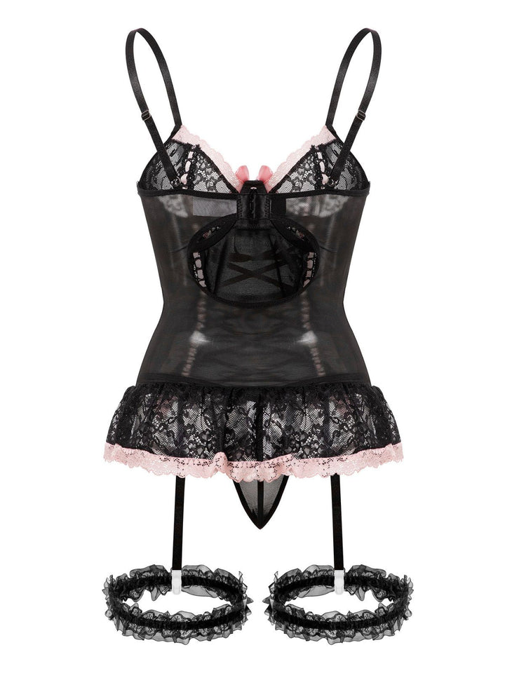 Contrasted Lace Mesh Bow Lace-Up Lingerie Set - vintage fashion, retro style
