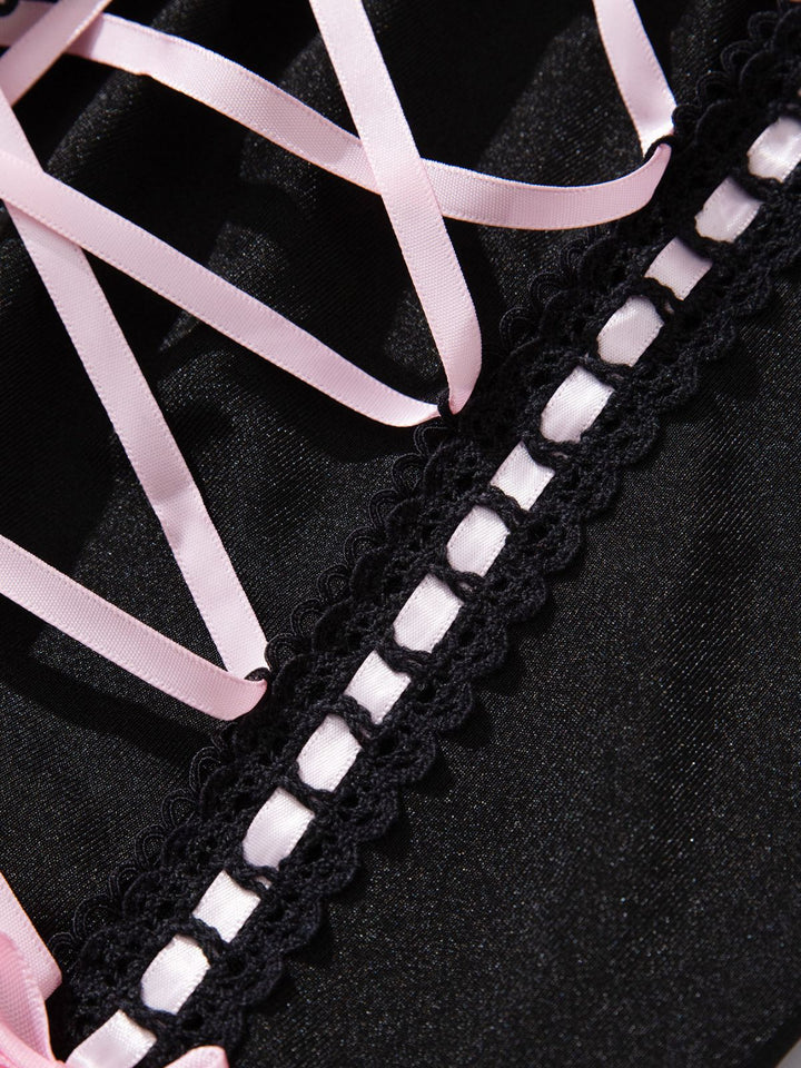 Contrasted Lace Mesh Bow Lace-Up Lingerie Set - vintage fashion, retro style