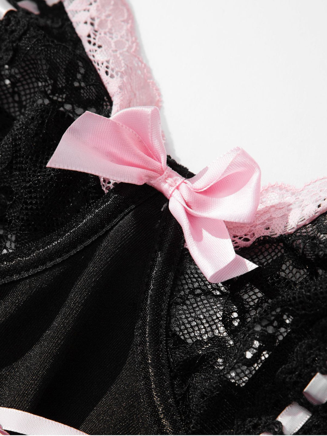 Contrasted Lace Mesh Bow Lace-Up Lingerie Set - vintage fashion, retro style