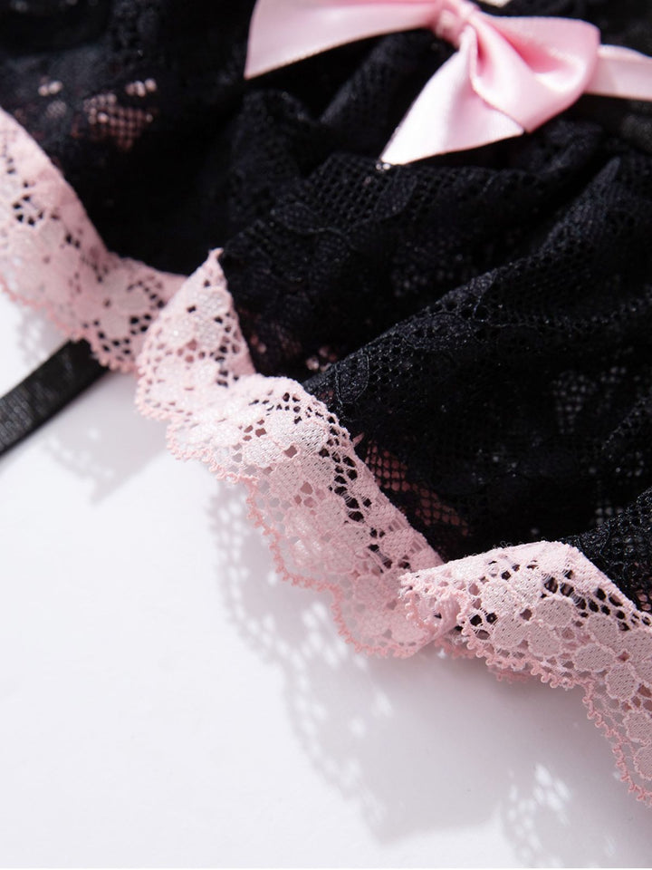 Contrasted Lace Mesh Bow Lace-Up Lingerie Set - vintage fashion, retro style