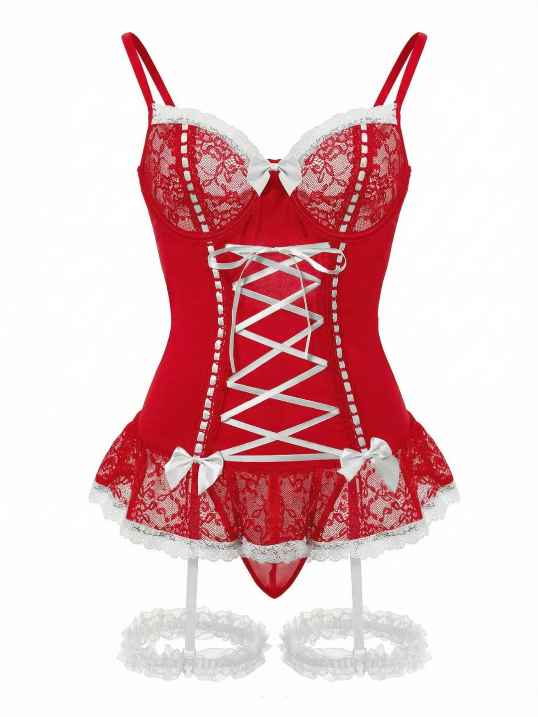 Contrasted Lace Mesh Bow Lace-Up Lingerie Set - vintage fashion, retro style