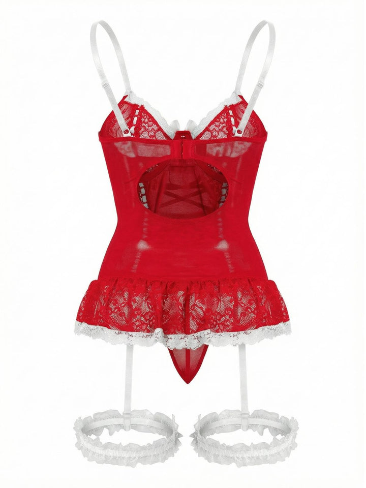 Contrasted Lace Mesh Bow Lace-Up Lingerie Set - vintage fashion, retro style